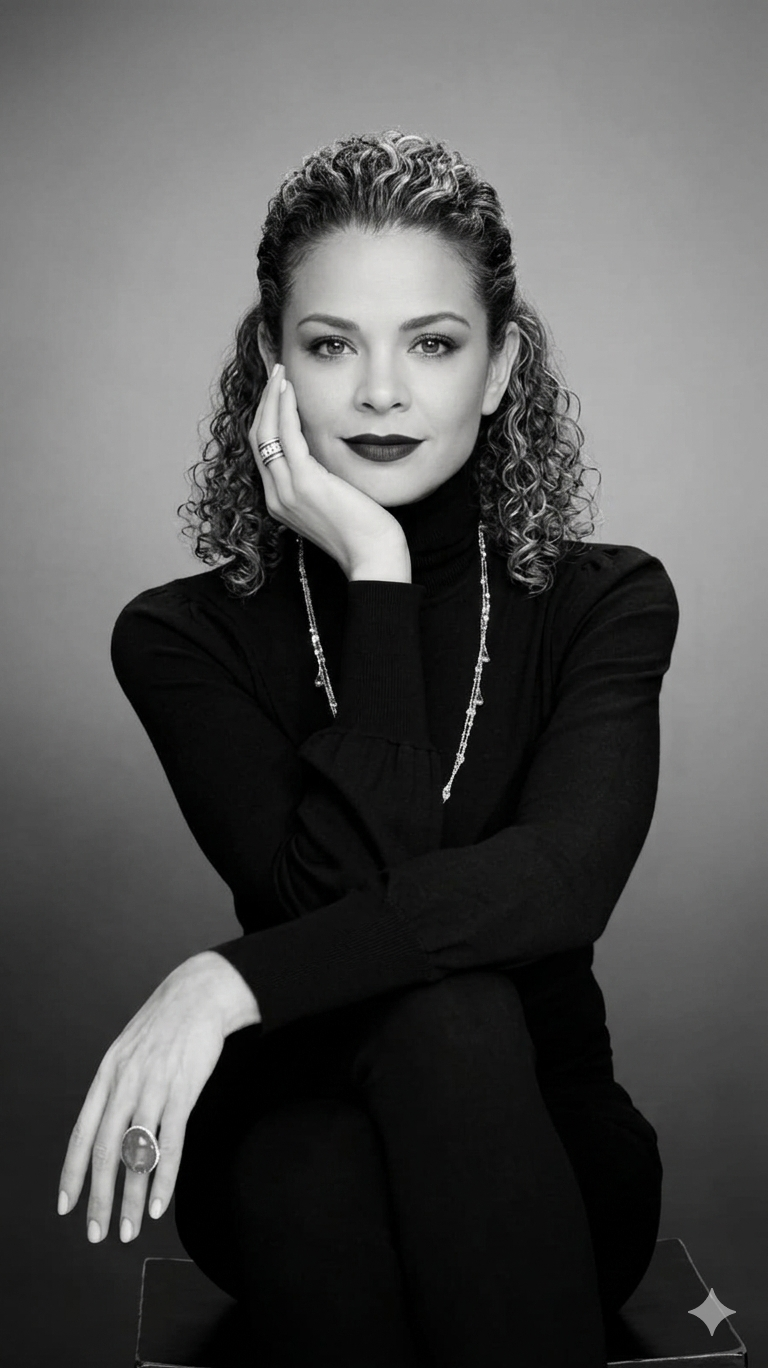 Verónica Campos en retrato editorial con vestimenta negra